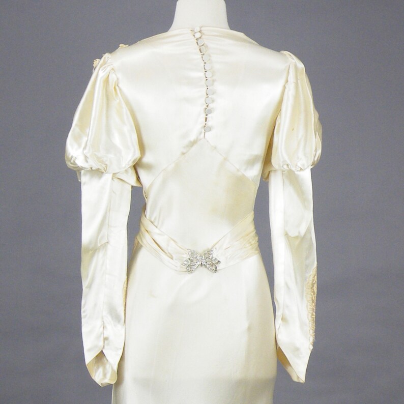 30s Bias Cut Wedding Gown Vintage 1930s Wedding Dress Ivory Satin Art Deco Bridal Dress with Butterfly Clasp Belt