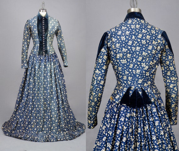 1880s Victorian Printed Cotton Bustle Dress, Two P