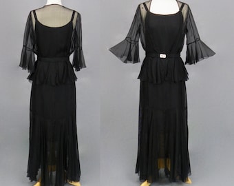 1930s Silk Evening Dress and Bell Sleeve Peplum Jacket with Art Deco Clasp Belt, 2pc Vintage 30s Gown, Small