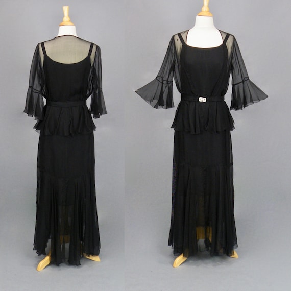 1930s Silk Evening Dress and Bell Sleeve Peplum Jacket with Art Deco Clasp Belt, 2pc Vintage 30s Gown, Small