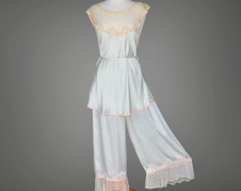 1920s Mint Green Silk Lace Wide Leg Pajamas, 20s Lounging PJ's, Medium