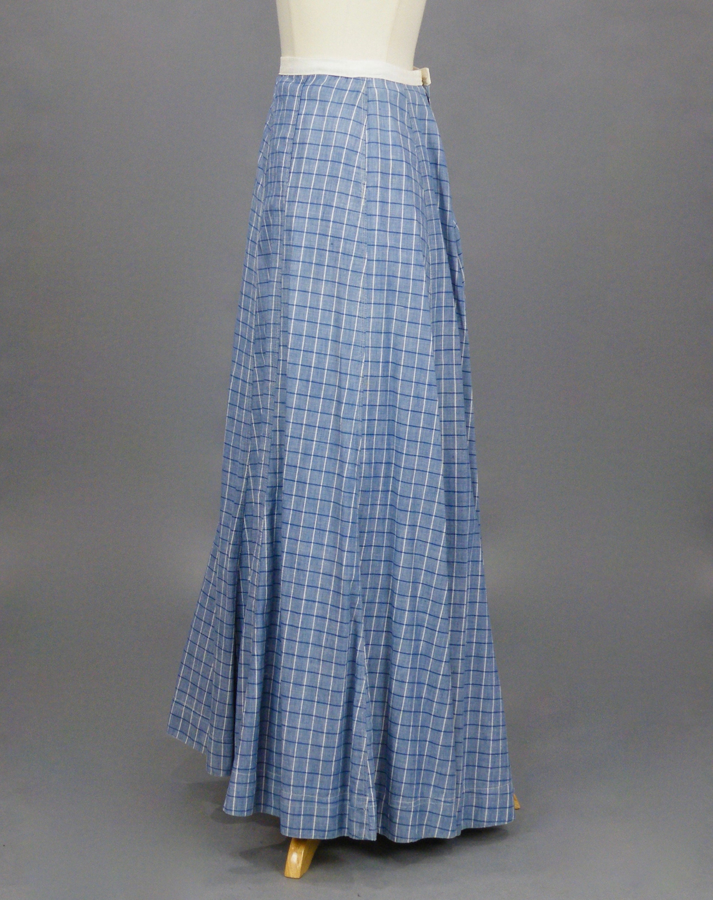 Edwardian Skirt, Antique 1910s Indigo Blue Cotton Check Skirt, 24 Waist