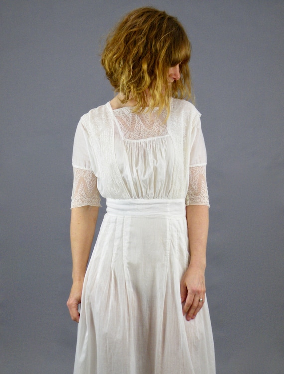 Edwardian Lingerie Dress, Antique 1910s Dress, White Cotton