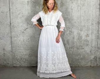 Antique Edwardian Embroidered Cotton Gauze Dress, Floral Lingerie Dress, White Lawn, XS