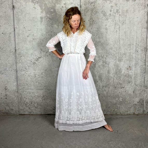 Edwardian White Cotton Gauze Dress | 1900s Antique Embroidered Lingerie Dress | Floral Net & MOP Buttons | Floor Length Summer Tea Dress XS