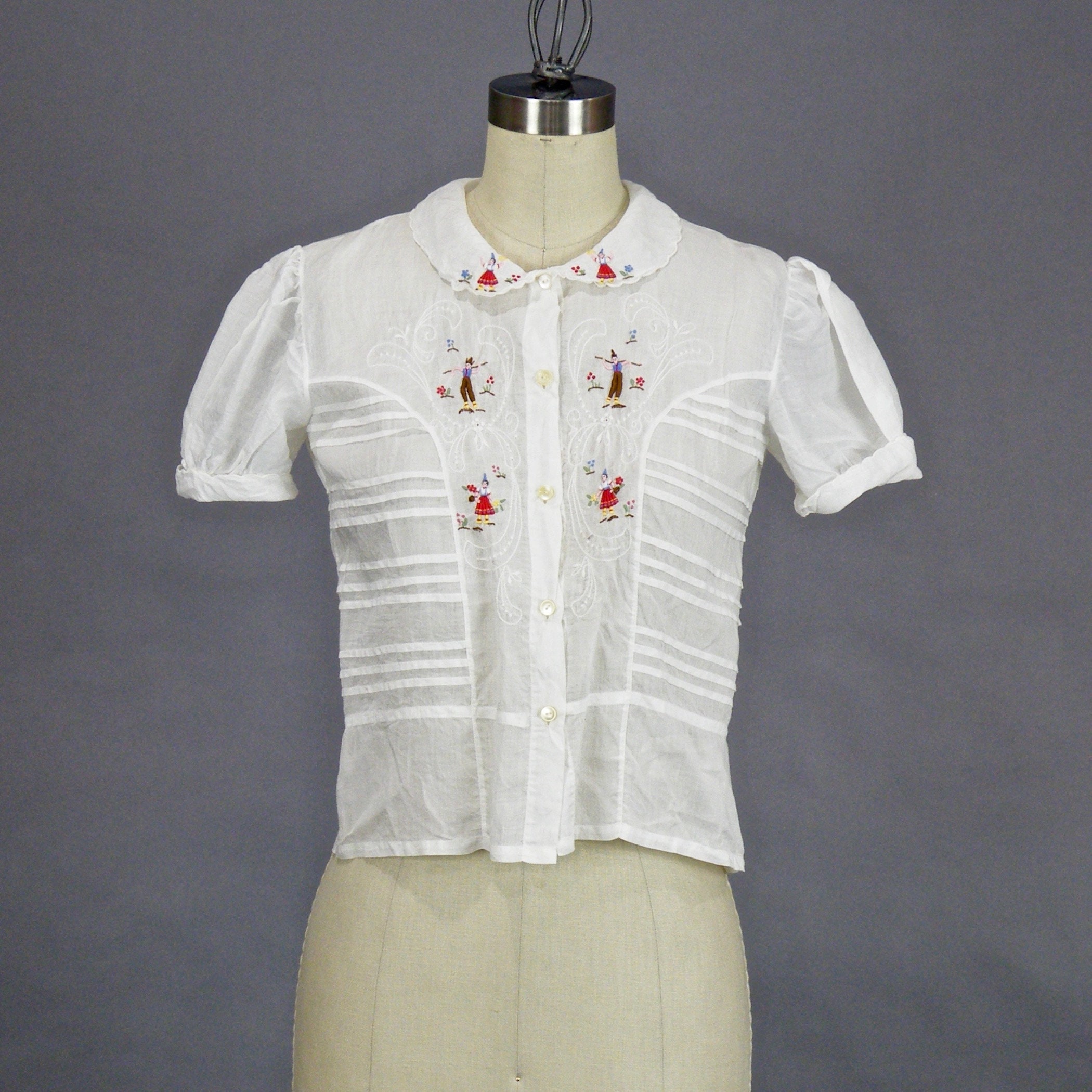 HOLD Vintage 1940s Blouse, 40s Embroidered Folklore Blouse, White