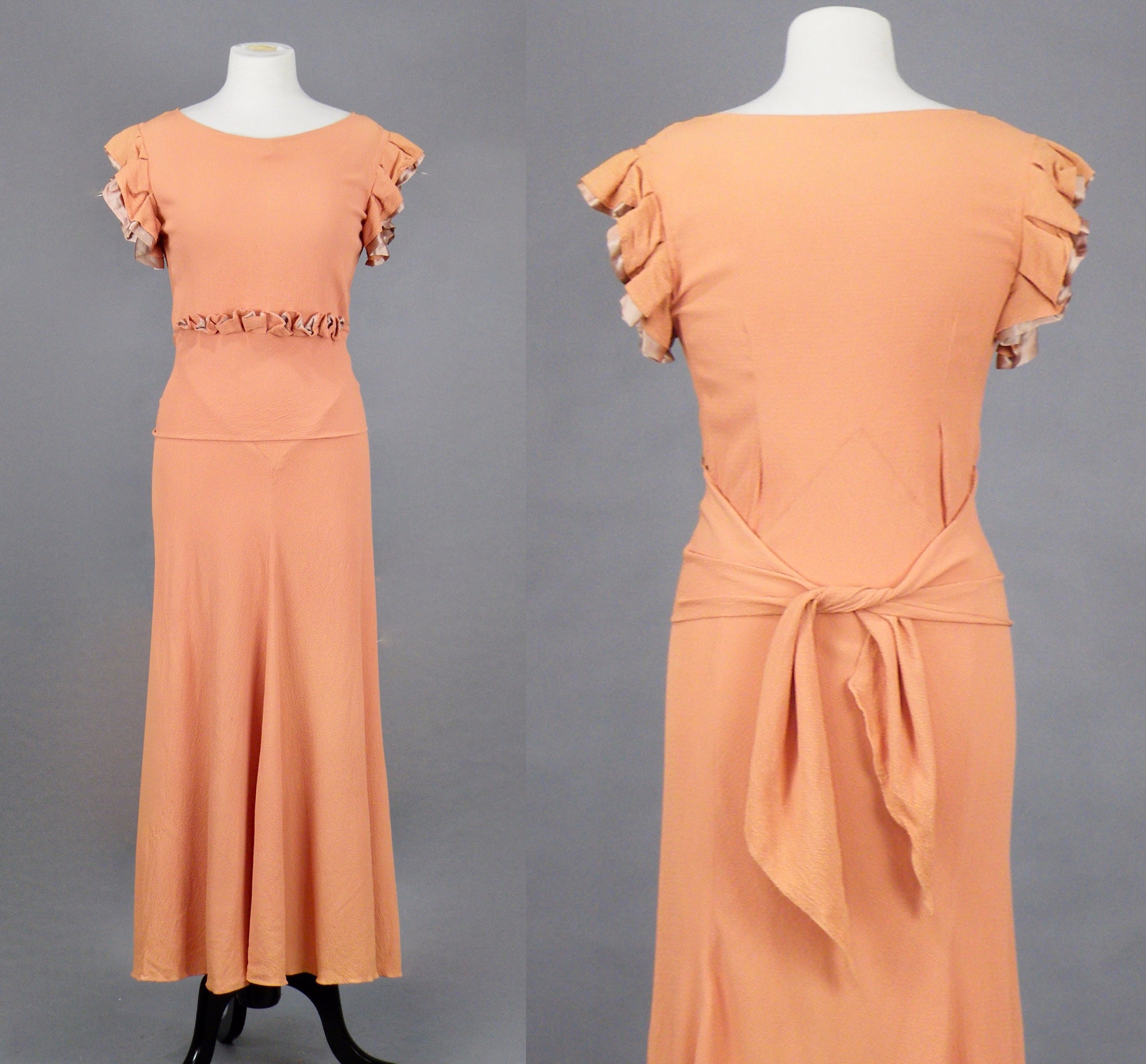 Vintage 1930s Dress, 30s Bias Cut Gown, Coral Crepe Satin Evening Dress