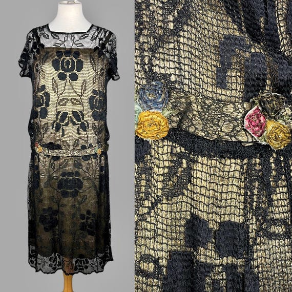 Vintage 1920s Flapper Dress, 20s Dress, Black Filet Lace Gold Lamé 1920s Dress with Ribbon Work Flowers, S/M