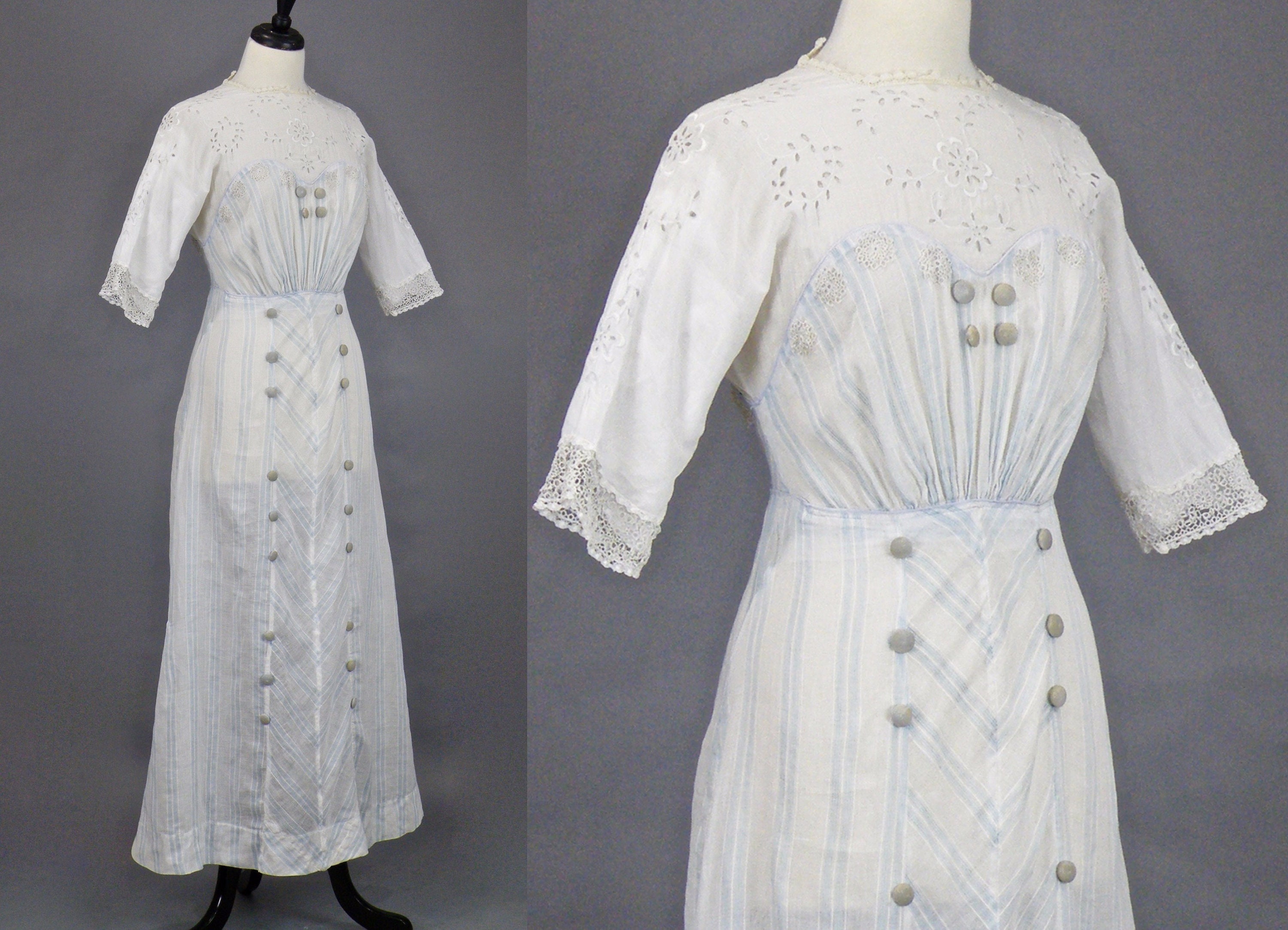 Antique Edwardian Dress, 1910s Blue Striped Embroidered Cotton Eyelet