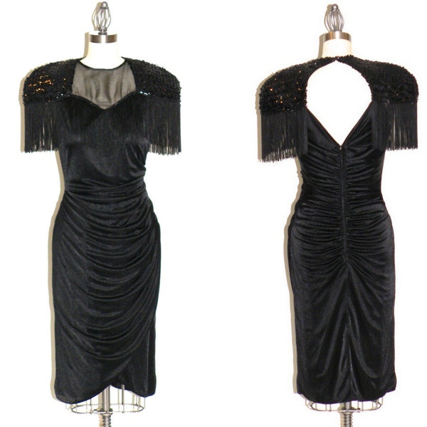 1980s Black Sequin Draped Vixen Dress with Fringe, Bombshell 80s Ruched Wrap Dress, Abby Kent Small Medium