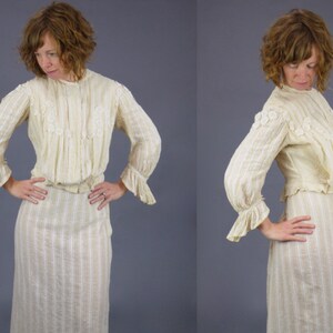 1900s Gibson Girl Dress, Antique Edwardian Lace Appliqué Striped Linen Blouse and Skirt Set, XS S image 7