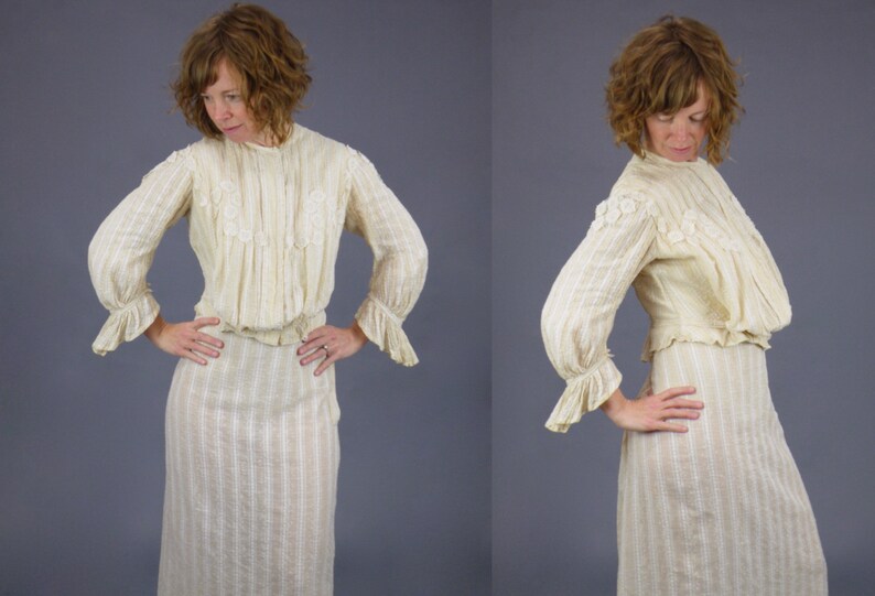 1900s Gibson Girl Dress, Antique Edwardian Lace Appliqué Striped Linen Blouse and Skirt Set, XS S image 7