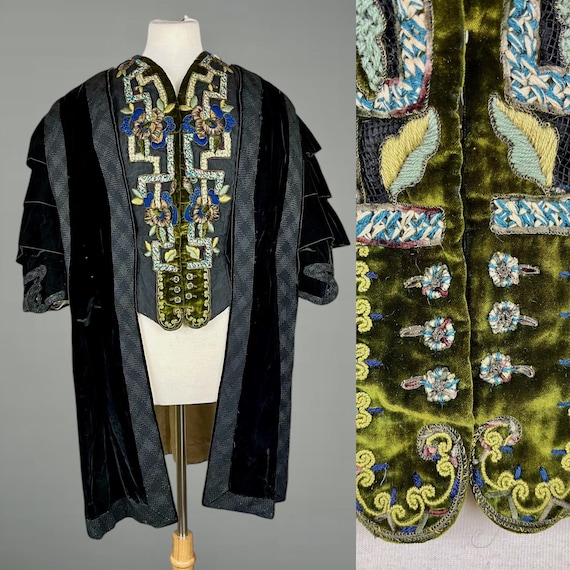Ornate 1890s 1900s Victorian Edwardian Embroidered Velvet Coat with Tails, Antique Ladies Basque Jacket Tailcoat, 27 Waist