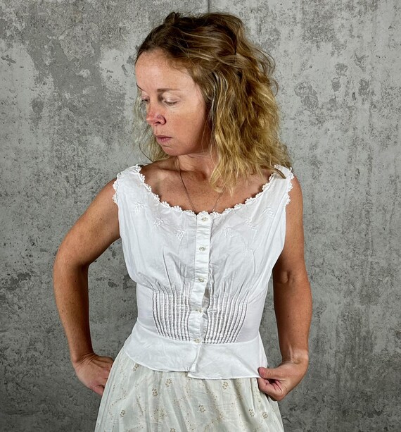 1890s Victorian White Cotton Corset Cover, Antique Summer Top, XS
