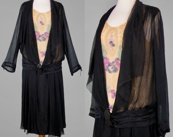 Vintage 1920s Beaded Silk Chiffon Dress, Art Deco Buckle, Medium