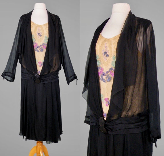Vintage 1920s Dress, 20s Beaded Net Silk Dress, Great Gatsby Fashion, Medium