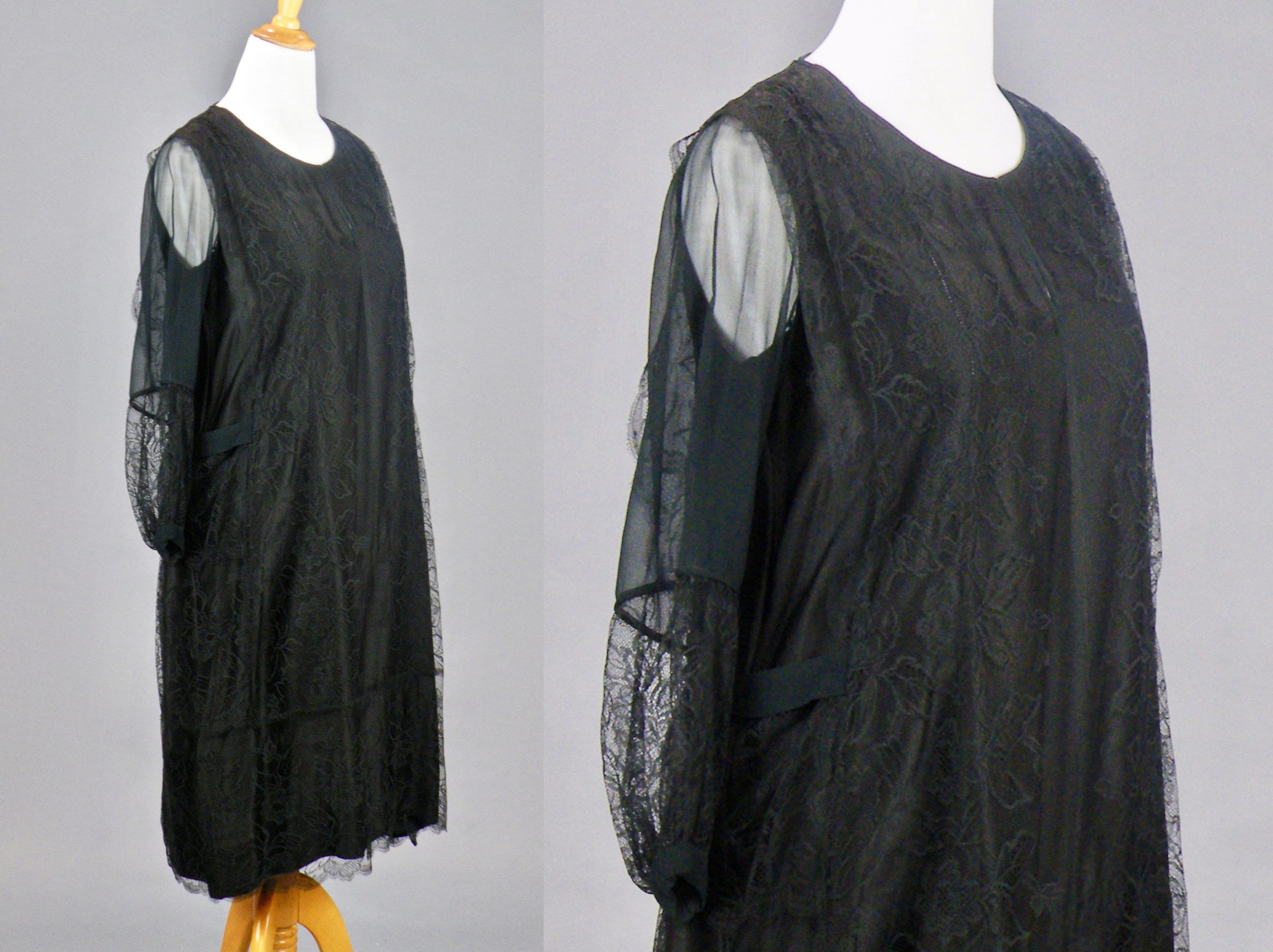 Vintage 1920s Black Silk Lace Jazz Age Dress, Size Large