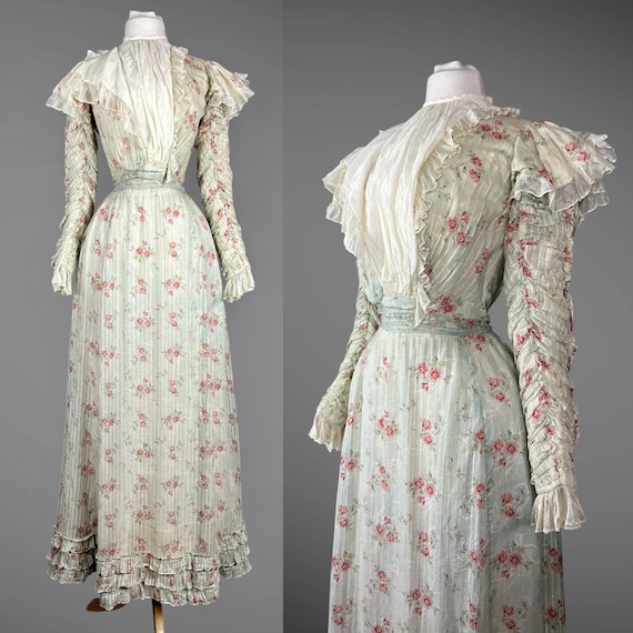 Antique 1890s Floral Cotton Dress | Victorian Sheer Gown with Ruched Sleeves, Ruffle Trim & Train | Edwardian Cabbage Roses Day Dress | XS