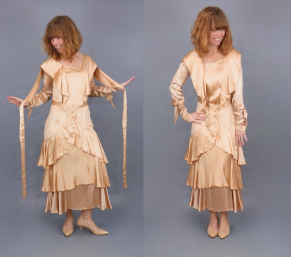 Vintage Late 1920s 30s Dress, Rose Gold Satin Lac… - image 2