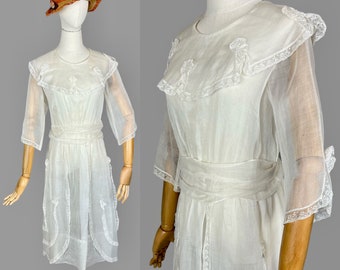 Antique 1910s Dress, Late 19Teens Sheer Cotton Organdy Ruffled Summer Dress, Small