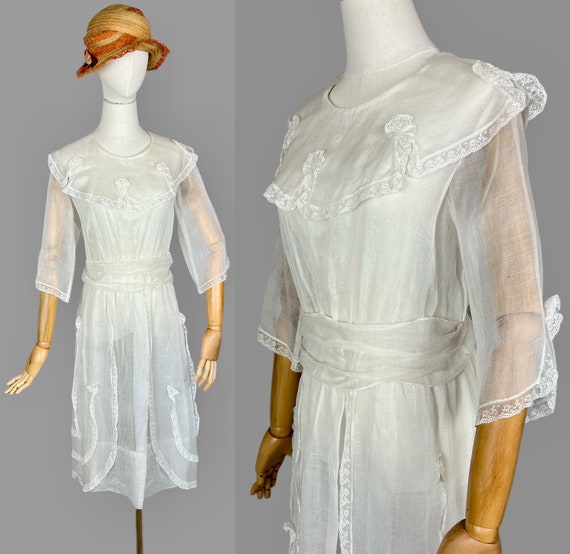Antique 1910s Dress, Late 19Teens Sheer Cotton Organdy Ruffled Summer Dress, Small
