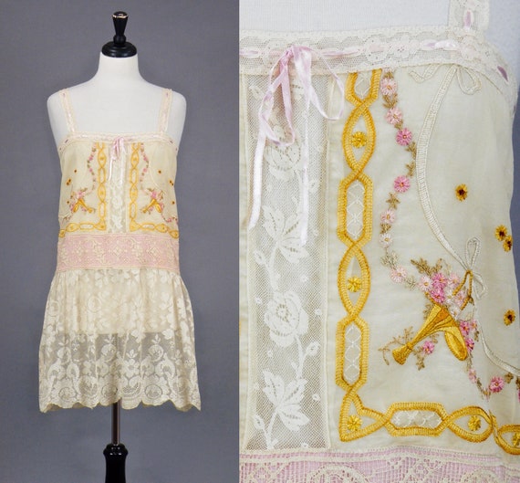 Vintage 1920s Embroidered Lace Dress, 20s Dress, F