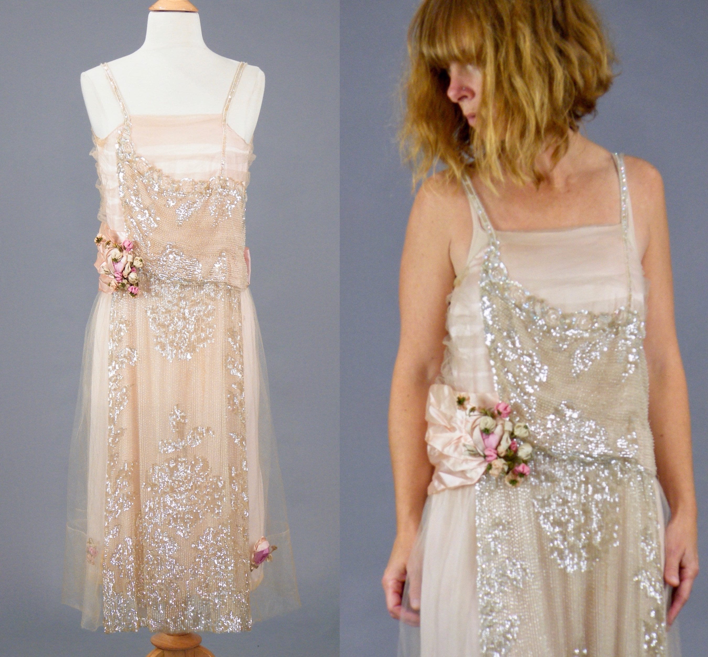 Vintage 1930s Silk Tulle Beaded Dress