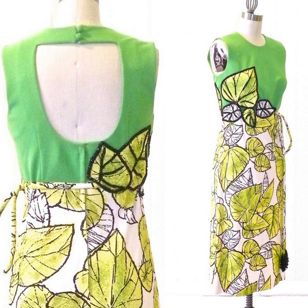 Vintage 1960s Lime Green Beaded Leaf Print Cutout Party Dress, 60s Cocktail Dress, Medium