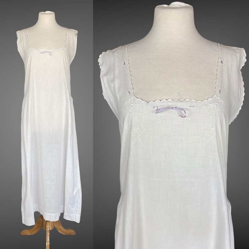Edwardian Night Dress, Antique 1910s Nightgown, White Embroidered Cotton Nightwear w Purple Ribbon Tie, Made in France, S M image 1