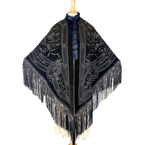 Victorian 1880s Embroidered Beaded Velvet Cape with Macrame Fringe, Antique Cape, Ornamental Floral Design, Museum Quality