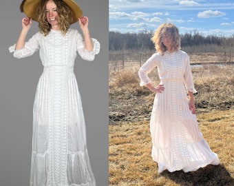 1900s Whitework Heart Embroidered Dress, Edwardian White Cotton Summer Wedding Dress, XS
