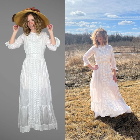 1900s Whitework Heart Embroidered Dress, Edwardian White Cotton Summer Wedding Dress, XS