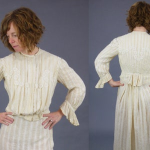 1900s Gibson Girl Dress, Antique Edwardian Lace Appliqué Striped Linen Blouse and Skirt Set, XS S image 3