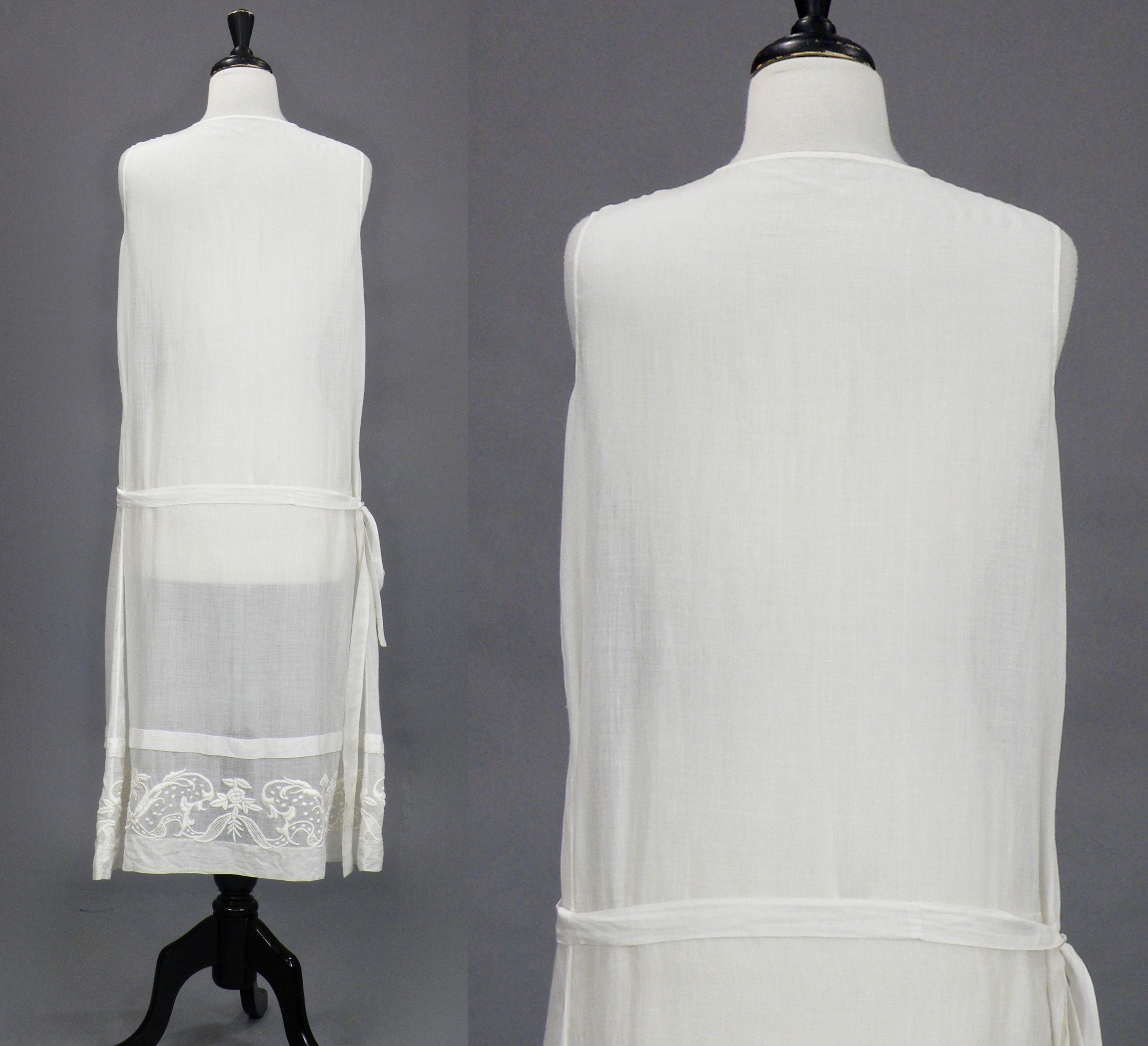 Vintage 1920s Embroidered White Cotton Summer Dress, Medium