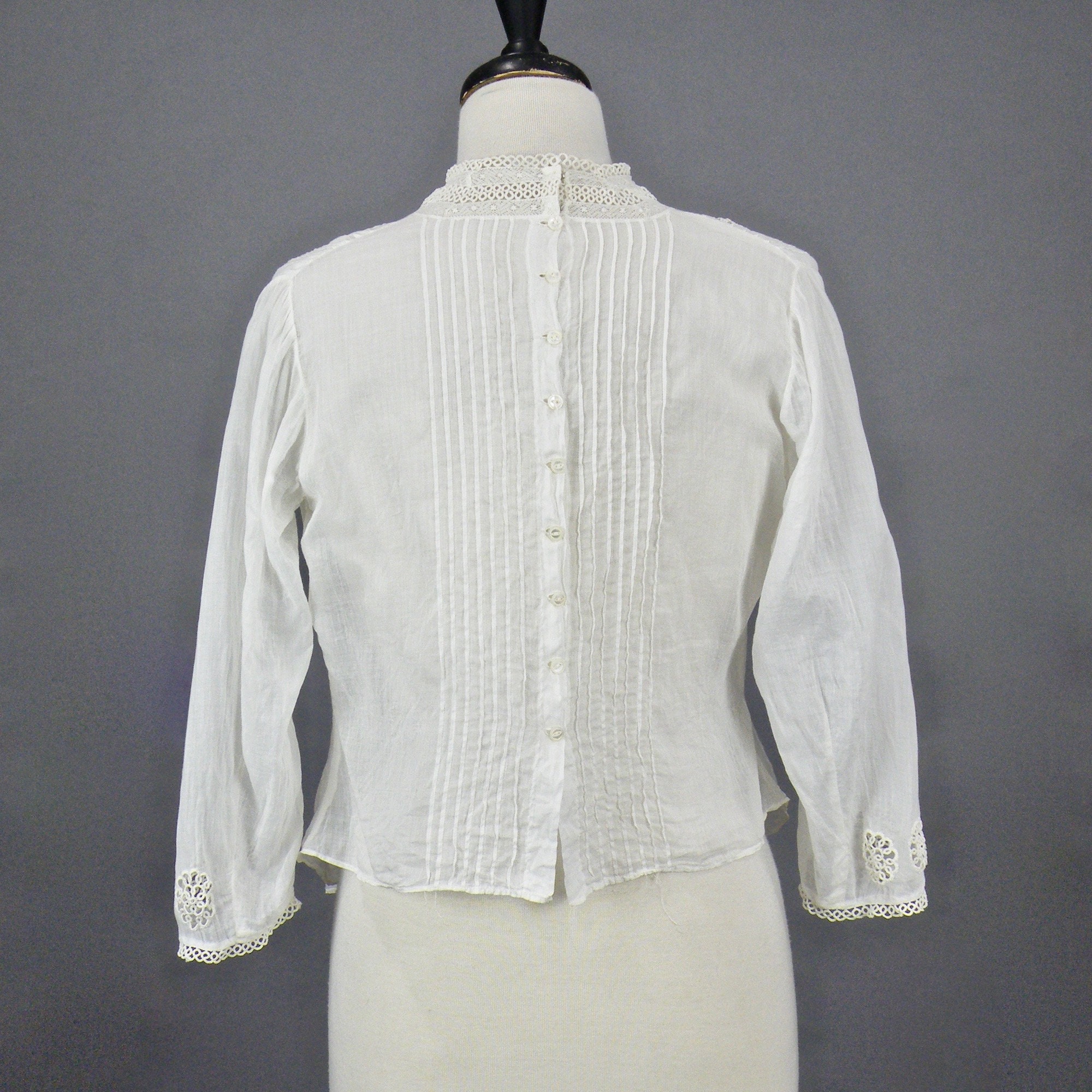 Antique 1910s White Cotton Tatted Lace Edwardian Blouse, Medium