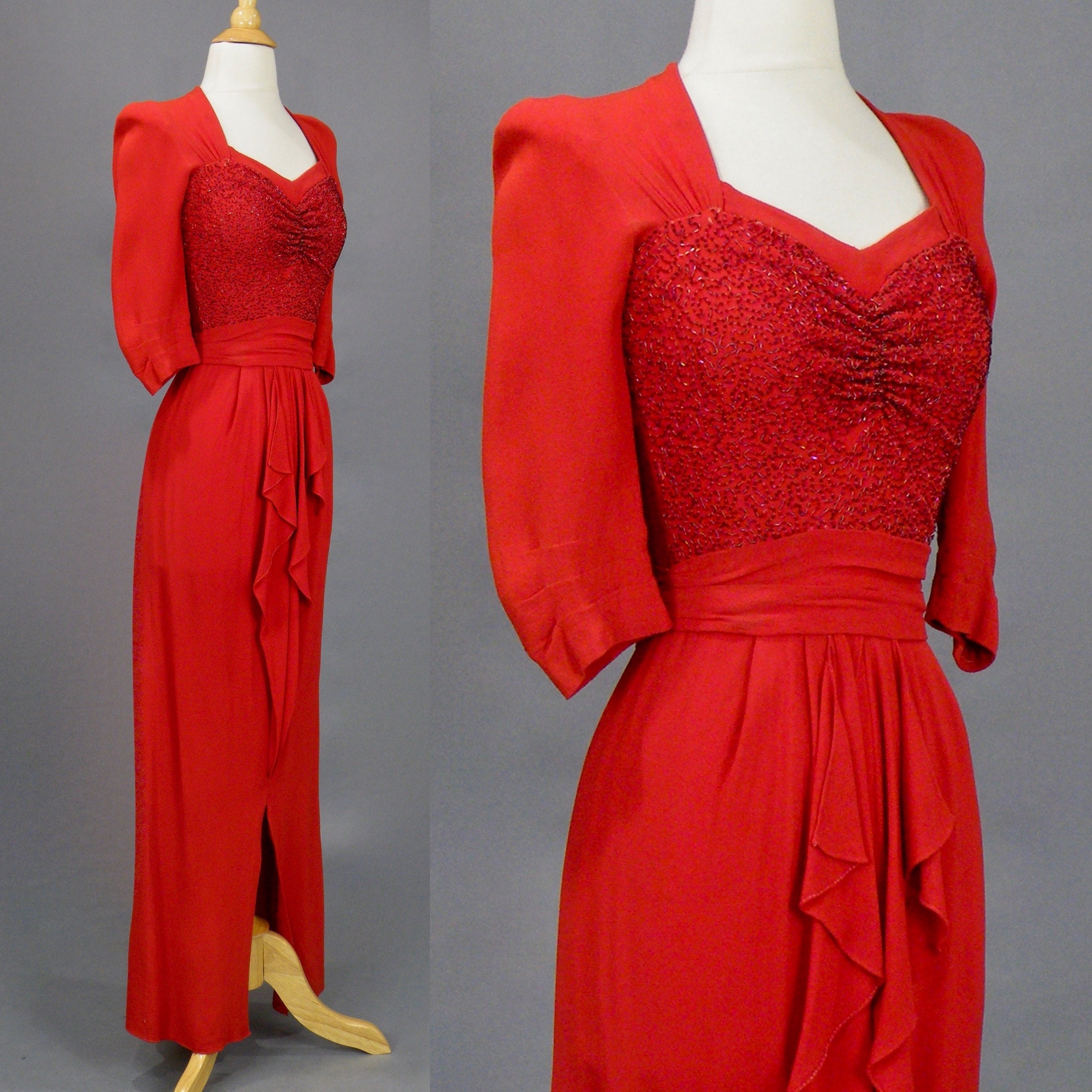 Vintage 1930s 1940s Beaded Red Crepe Evening Dress, 40s Dress, Old ...