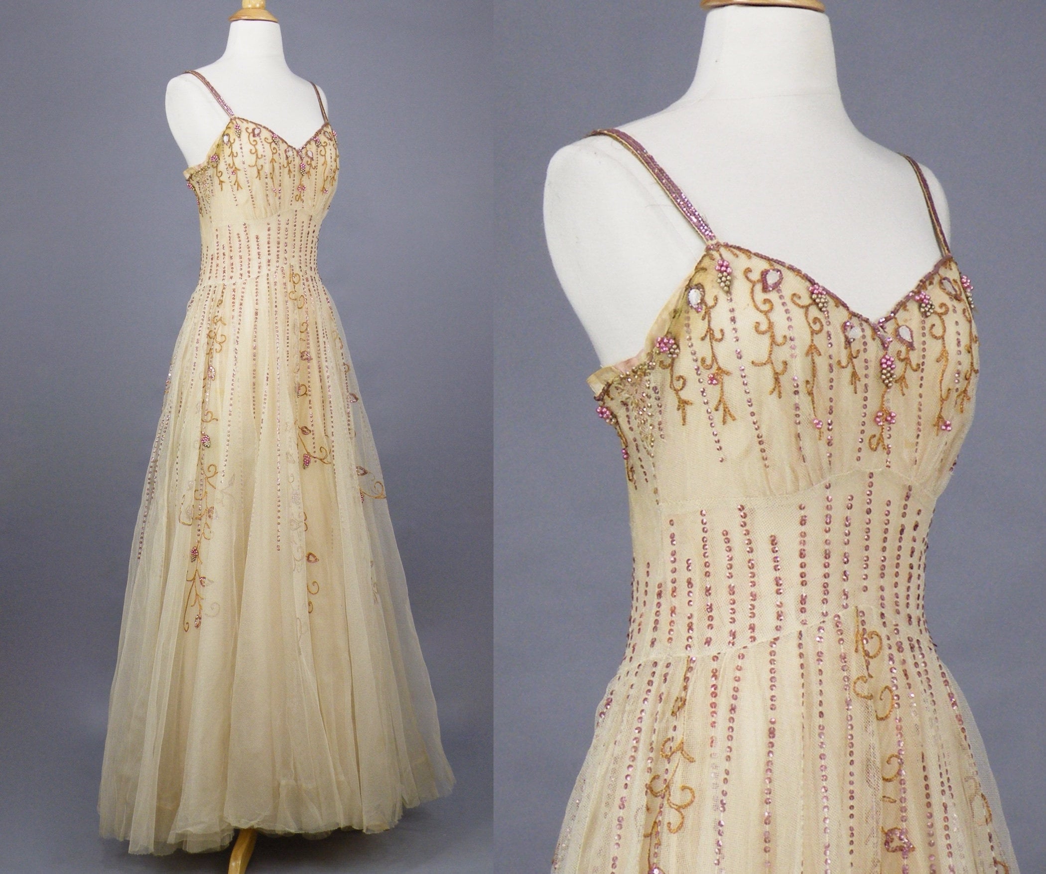 Vintage 1930s Sequin Gown, 30s Tulle Evening Dress, Pale Peach ...