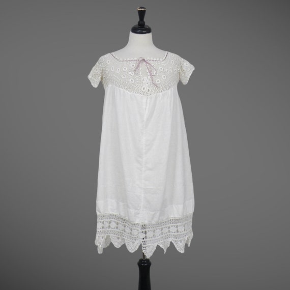 1910s White Cotton Lace Nightie, Antique Slip Nightdress, Medium