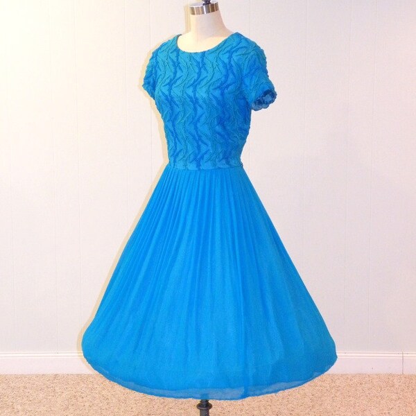 1950s Dress 60s Dress, Bright Sky Blue Embroidered Silk Chiffon Cocktail Wedding Party Dress, Full Skirt, Bombshell, Syd Chicago