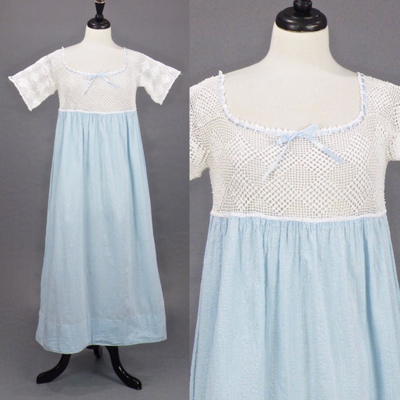 1910s Blue Cotton Crochet Nightgown with Ribbon, A