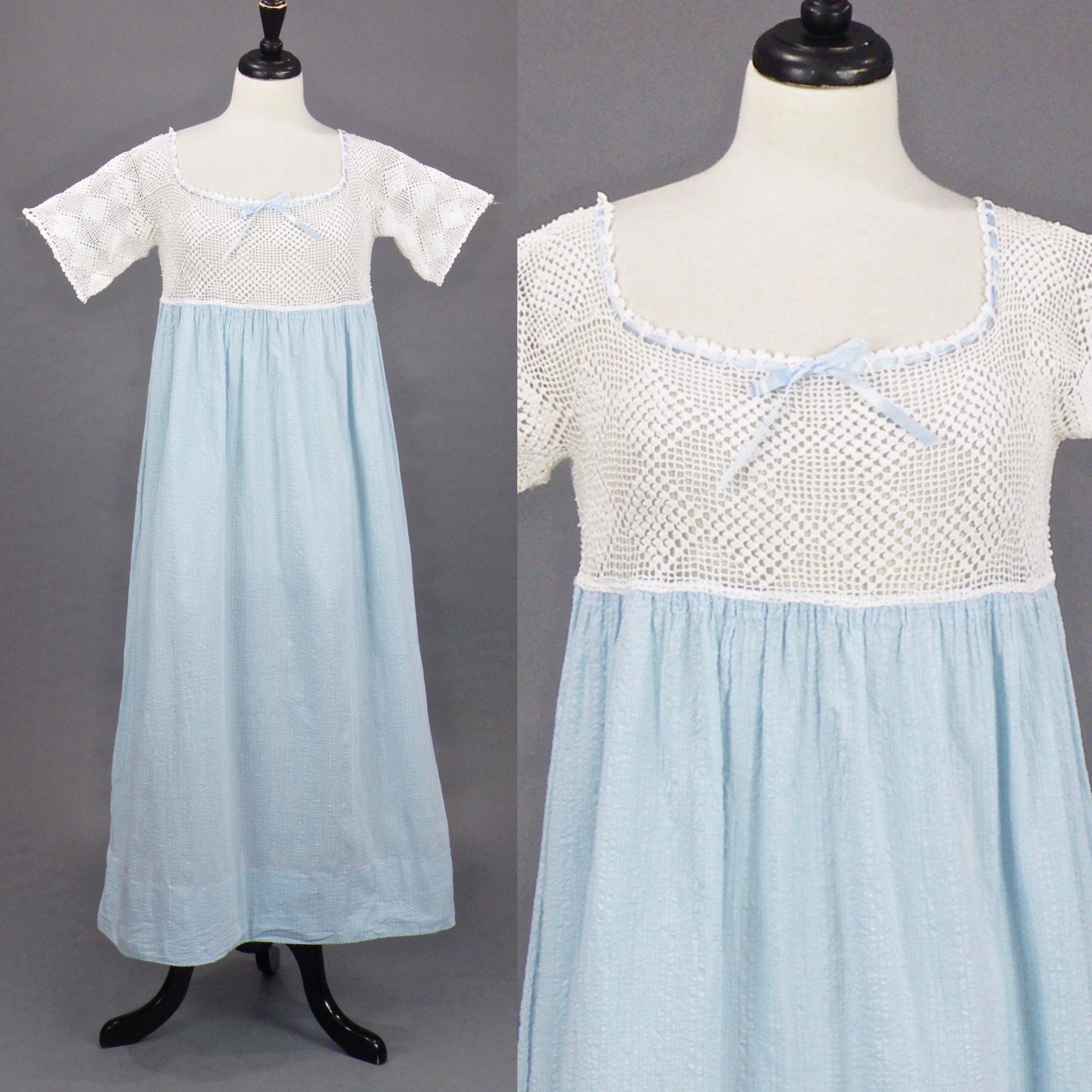 Edwardian Nightgown, Antique 1910s Blue Cotton Crochet Nightgown with
