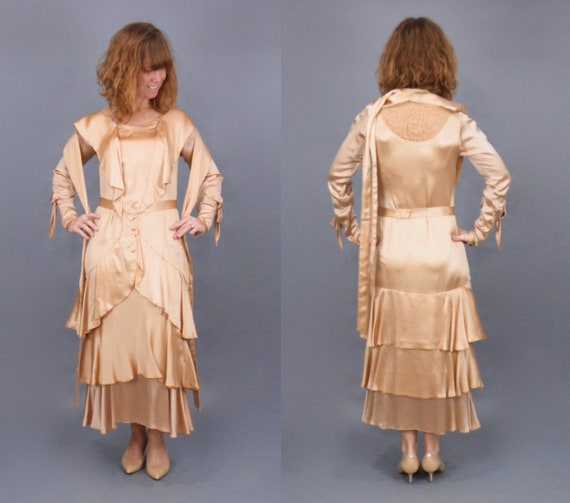 Vintage Late 1920s 30s Dress, Rose Gold Satin Lac… - image 6