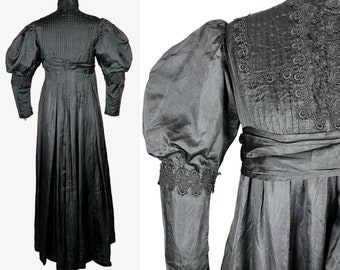 1900s Edwardian Mutton Sleeve Dress, Antique Black Silk Empire Waist Dress with Lace Appliqués