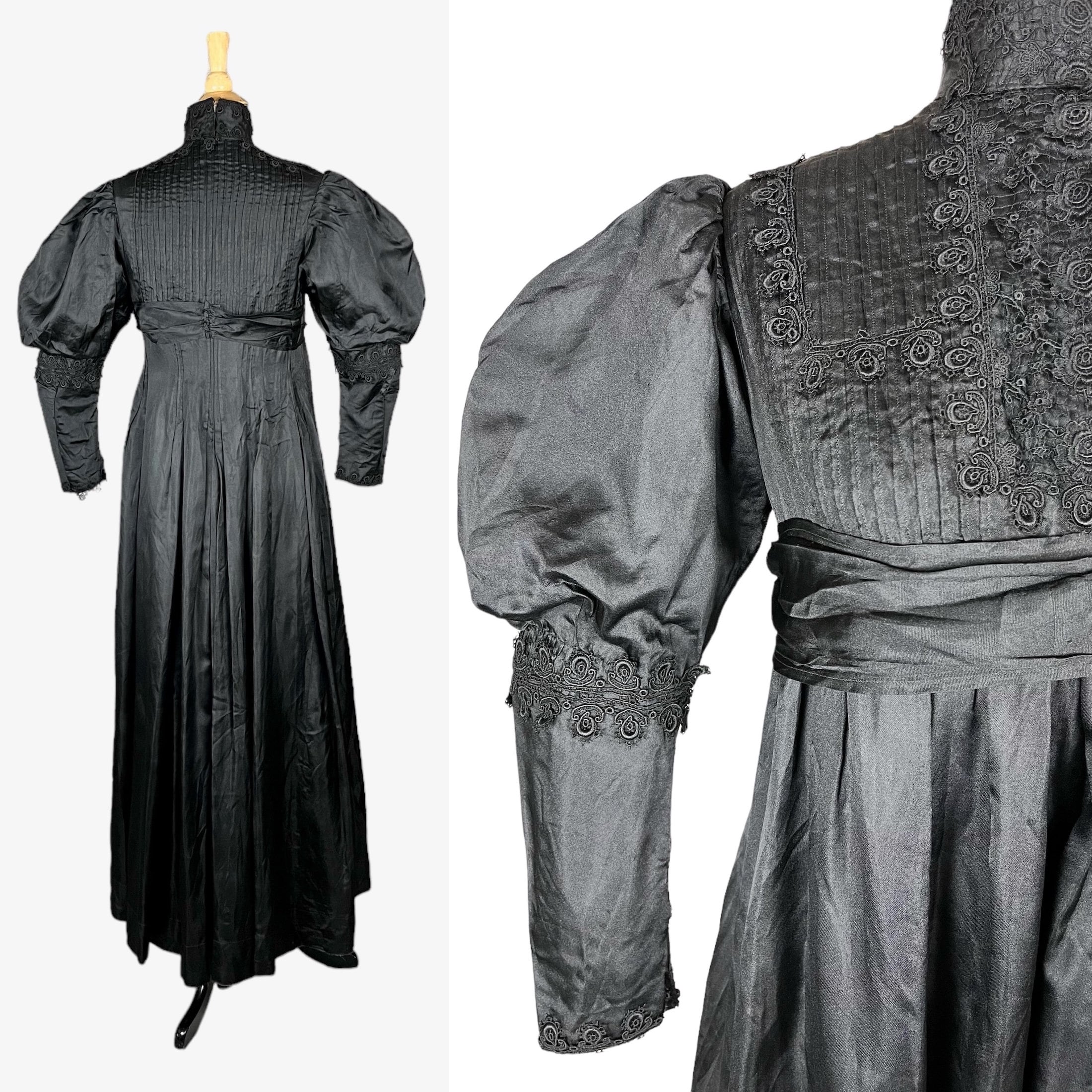 1900s Edwardian Mutton Sleeve Dress Antique Black Silk Empire Waist Dress with Lace Appliques