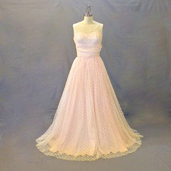 1950s Pink Prom Dress, Embroidered Tulle Wedding Party Dress, Sweetheart Illusion Vintage Formal, 36 Bust Size 6