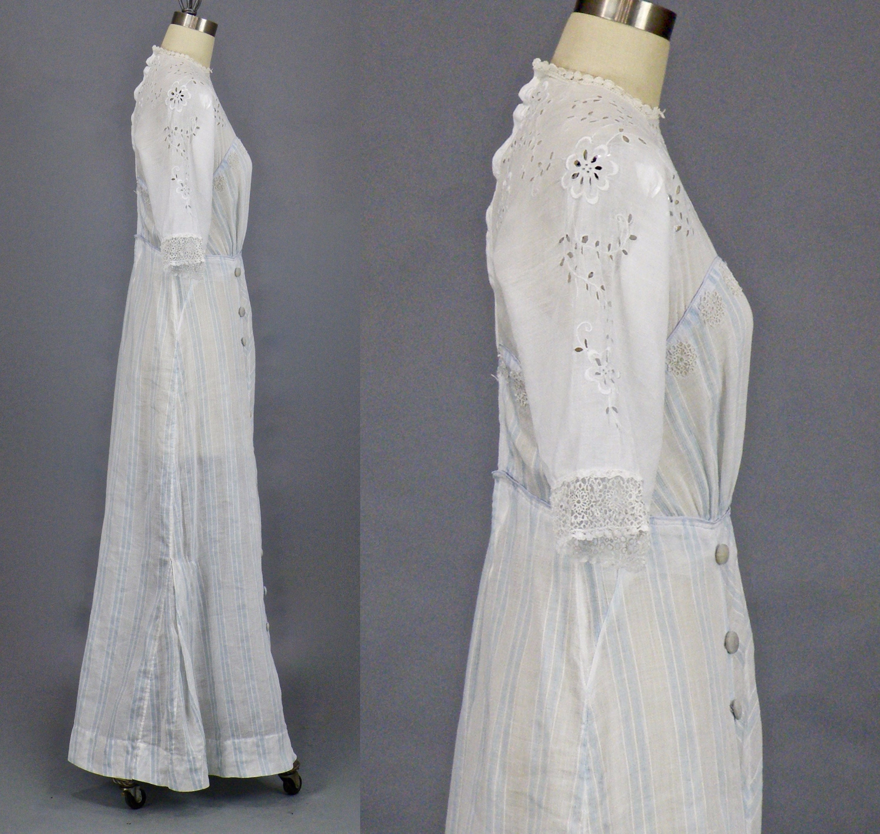 Antique Edwardian Striped White Cotton Eyelet Tea Dress, 1910s Dress