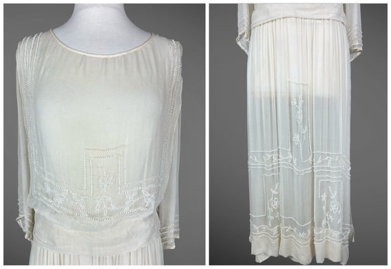 Vintage 1920s Beaded Ivory Chiffon Dress, 20s She… - image 2