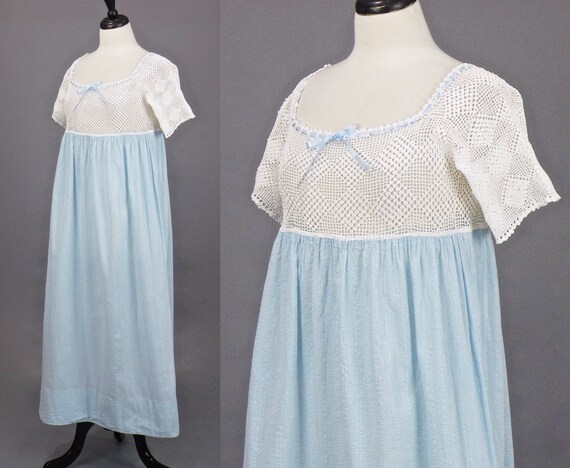Edwardian Nightgown, Antique 1910s Blue Cotton Cr… - image 2