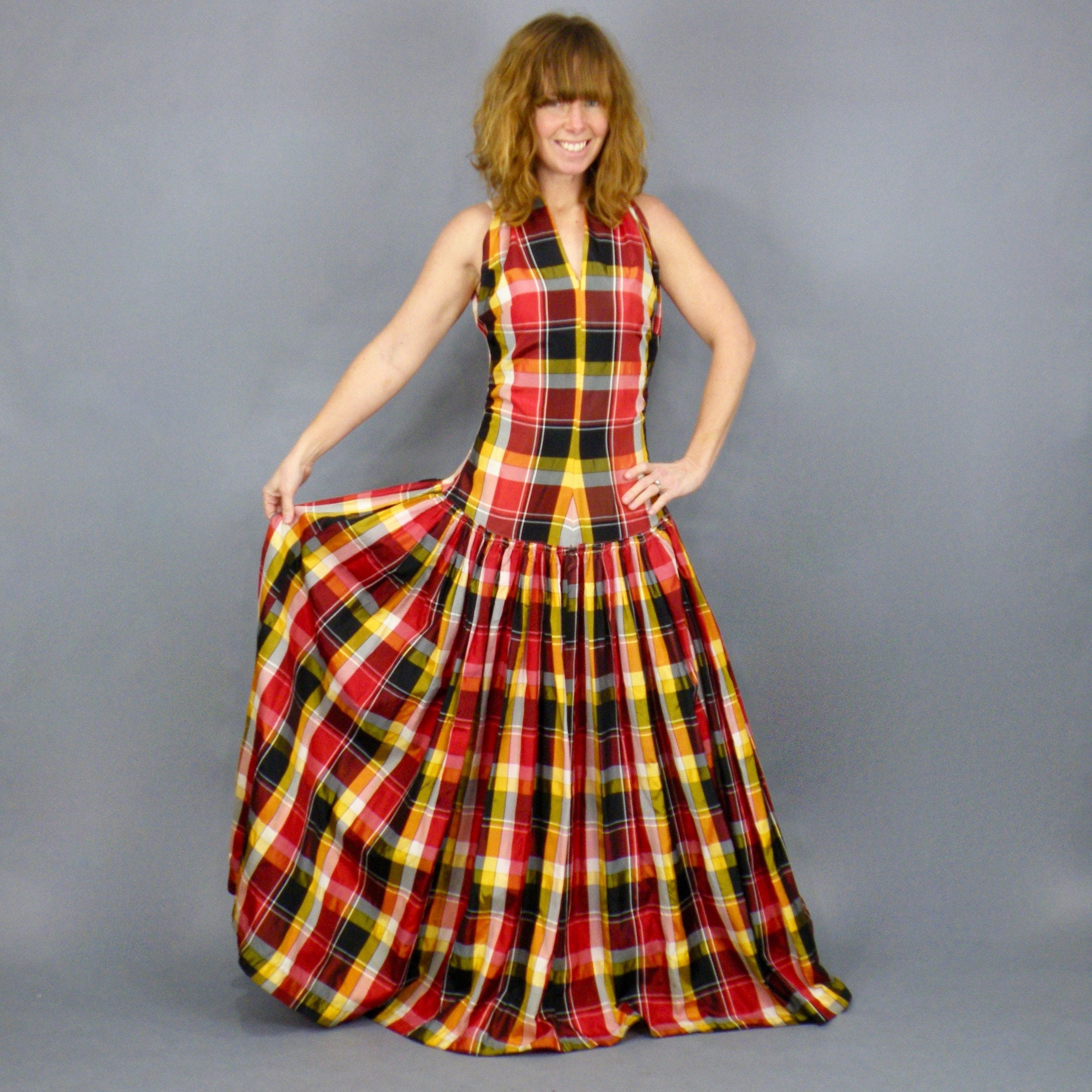 Vintage 1940s Dress, Emma Domb 40s Taffeta Full Skirt Halter Dress, XS