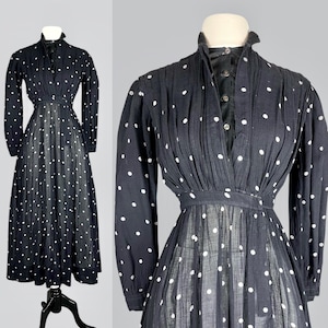 Edwardian Black White Polka Dot Cotton Gauze Dress, Antique 1900s 1910s Day Dress, XS